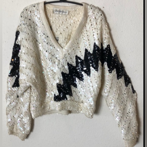 Vintage Sak Fifth Avenue SEQUIN SWEATER abstract Metalic pullover black … - Picture 3 of 11